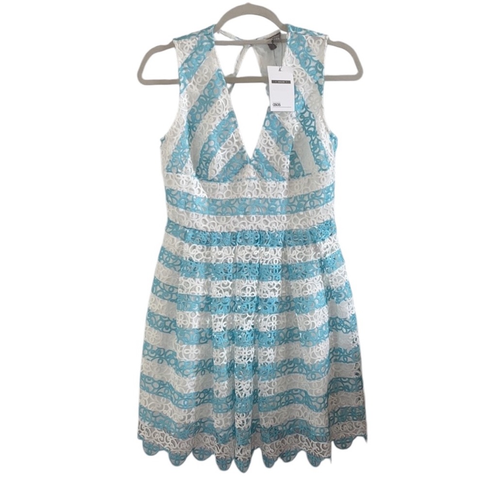 ASOS WHITE AND BLUE STRIPED LACE OVERLAY PARTY DRESS SIZE 6